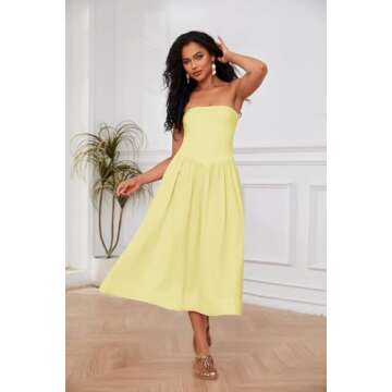 OLAPTA Women Strapless Tube Top Maxi Dresses Patchwork Casual Sleeveless Backless Dresses Swing Basic Solid Dress with Pocket(Large,Yellow)
