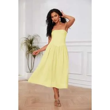 OLAPTA Women Strapless Tube Top Maxi Dresses Patchwork Casual Sleeveless Backless Dresses Swing Basic Solid Dress with Pocket(Large,Yellow)
