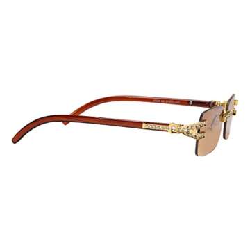 Retro Vintage Style Rimless Clear Lens Sunglasses for Women & Men Luxury Glasses Fashion Crystal Wood Eyewear Shades (Y Decor Brown)