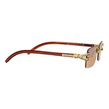 Retro Vintage Style Rimless Clear Lens Sunglasses for Women & Men Luxury Glasses Fashion Crystal Wood Eyewear Shades (Y Decor Brown)