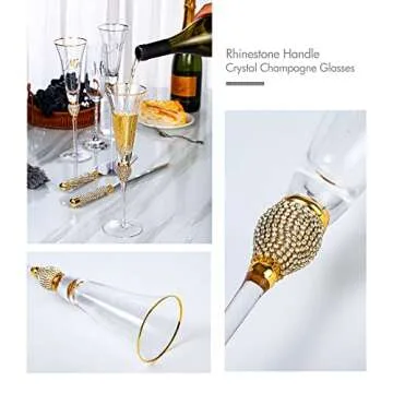 VARLKA Wedding Cake Knife and Server Set, Gold Mr and Mrs Champagne Flutes Glasses and Cake Cutting ...