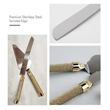 VARLKA Wedding Cake Knife and Server Set, Gold Mr and Mrs Champagne Flutes Glasses and Cake Cutting Set for Wedding Bridal Shower Gifts