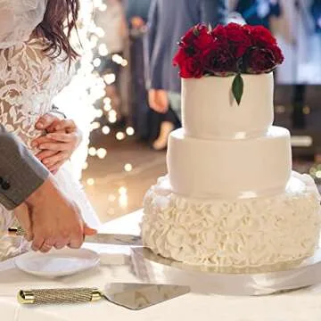 VARLKA Wedding Cake Knife and Server Set, Gold Mr and Mrs Champagne Flutes Glasses and Cake Cutting Set for Wedding Bridal Shower Gifts