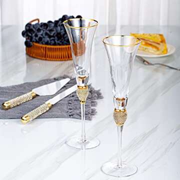 VARLKA Wedding Cake Knife and Server Set, Gold Mr and Mrs Champagne Flutes Glasses and Cake Cutting Set for Wedding Bridal Shower Gifts