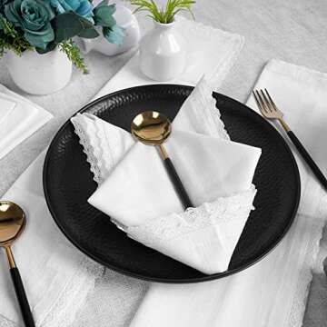 Fingercraft Dinner Cloth Napkin Cotton Linen 12 Pack Vintage Rustic Premium Quality Mitered Corners Napkin Cloth with Elegant Lace for Everyday Use, Pre Shrunk and Good Absorbency 20x20 in White