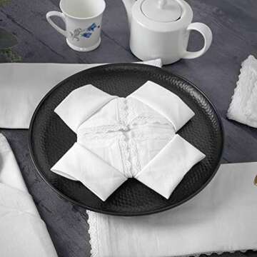 Fingercraft Dinner Cloth Napkin Cotton Linen 12 Pack Vintage Rustic Premium Quality Mitered Corners Napkin Cloth with Elegant Lace for Everyday Use, Pre Shrunk and Good Absorbency 20x20 in White