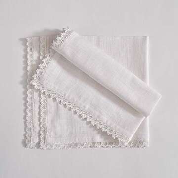 Fingercraft Dinner Cloth Napkin Cotton Linen 12 Pack Vintage Rustic Premium Quality Mitered Corners Napkin Cloth with Elegant Lace for Everyday Use, Pre Shrunk and Good Absorbency 20x20 in White