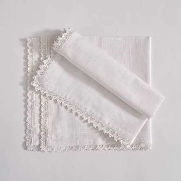 Fingercraft Dinner Cloth Napkin Cotton Linen 12 Pack Vintage Rustic Premium Quality Mitered Corners Napkin Cloth with Elegant Lace for Everyday Use, Pre Shrunk and Good Absorbency 20x20 in White
