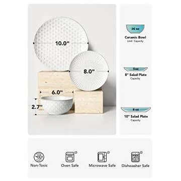 LE TAUCI Dinnerware Sets 12 PCS, Ceramic Plates and Bowls Set, Suit For Housewarming (10" Dinner Plate + 8" Salad Dish + 26 oz Cereal Bowl) x 4, Oven safe - Arctic White