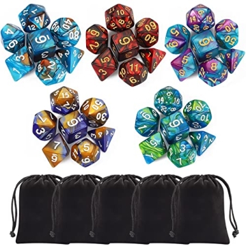 CiaraQ Polyhedral Dice Set (35 Pieces) with Black Pouches, 5 Complete Double-Colors Dice Sets of D4 ...