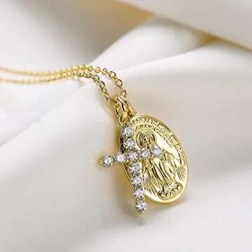 AllenCOCO Gold Cross Necklaces for Women, Crucifix Necklaces, Cubic Zirconia Virgin Mary Necklace, Virgen de Guadalupe, Layered Dainty Pendants Chain