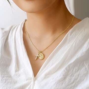 AllenCOCO Gold Cross Necklaces for Women, Crucifix Necklaces, Cubic Zirconia Virgin Mary Necklace, Virgen de Guadalupe, Layered Dainty Pendants Chain