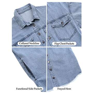 Vetinee Oversized Boyfriend Denim Jean Jacket with Buttons and Raw Hem Pockets - Blue, Size Medium 8-10