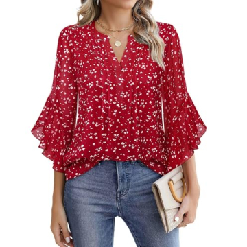 Timeson Women's Dressy Casual Office 3/4 Sleeve Blouse - Red Peasant Top
