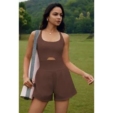 ReachMe Womens Running Onesie Workout Rompers Athletic Romper One Piece Outfits Exercise Jumpsuits Gym Yoga Clothes(Coffee Brown,M)