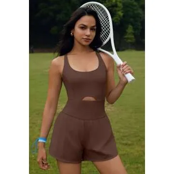 ReachMe Womens Running Onesie Workout Rompers Athletic Romper One Piece Outfits Exercise Jumpsuits Gym Yoga Clothes(Coffee Brown,M)