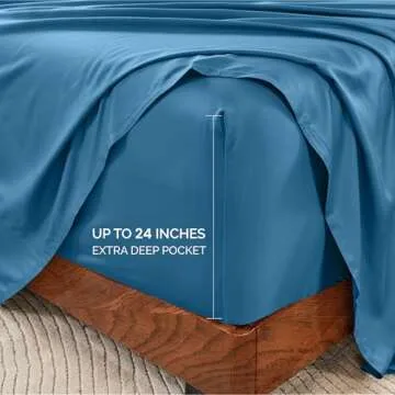 GOKOTTA King Size Luxury Bed Sheets 4 Piece Set, 100% Rayon Derived from Bamboo, Softer and Cooling Than Cotton, 24" Extra Deep Pocket Fitted Sheets with Elastic Corner Straps,Blue