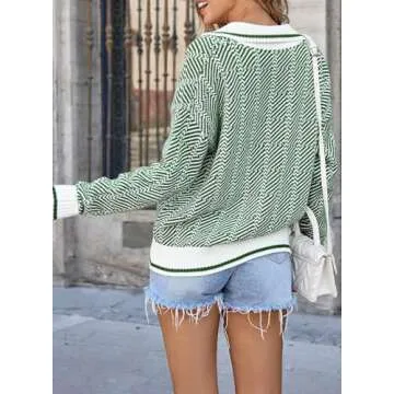 EVALESS Womens V Neck Color Block Green Striped Lightweight Sweaters Long Sleeve Pullover Oversized Fall Knitted Tops Medium