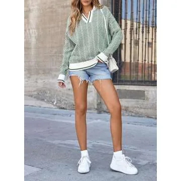 EVALESS Womens V Neck Color Block Green Striped Lightweight Sweaters Long Sleeve Pullover Oversized Fall Knitted Tops Medium