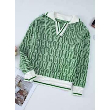 EVALESS Womens V Neck Color Block Green Striped Lightweight Sweaters Long Sleeve Pullover Oversized Fall Knitted Tops Medium