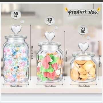 Heart Jars with Lids Set of 3 Clear Cute Candy Jars for Kitchen Storage