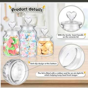 Heart Jars Set of 3 Cute Glass Containers for Storage