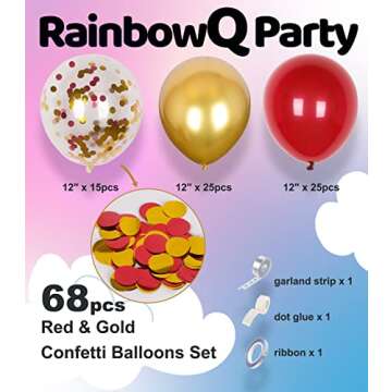 RainbowQ Party Metallic Shiny Red and Gold Balloons 12 Inch 68PCS Red Gold Confetti Balloons Latex H...