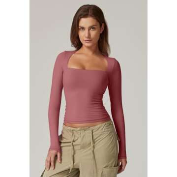 QINSEN Going Out Tops for Women Cropped Long Sleeve Tee Shirt Fitted Square Neck Fall Tops Merlot S