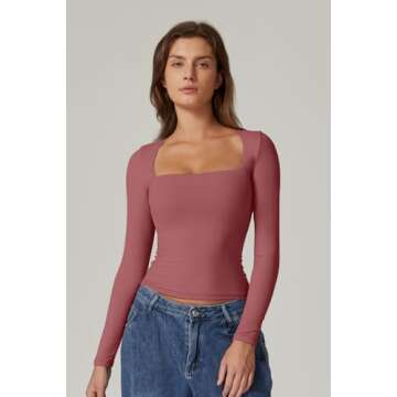 QINSEN Going Out Tops for Women Cropped Long Sleeve Tee Shirt Fitted Square Neck Fall Tops Merlot S