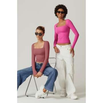 QINSEN Going Out Tops for Women Cropped Long Sleeve Tee Shirt Fitted Square Neck Fall Tops Merlot S