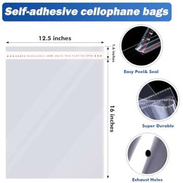 12x16 in 1000ct Large Clear Resealable Cellophane Bags for Packaging Products Self-sealing Gift Bags Self Adhesive Plastic Bags for Gifts,Clothes, Small Business, Thank you Stickers