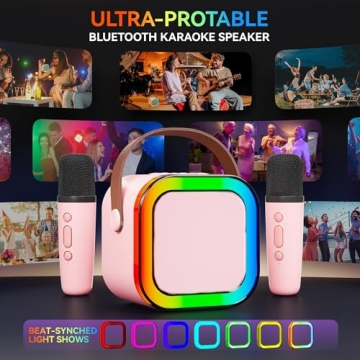 Karaoke Machine for Kids Adults, Portable Bluetooth Mini Karaoke Microphone Singing Speaker with 2 Mic and Light,Toys for All Smartphones,Birthday, Family,Home Party (Pink)