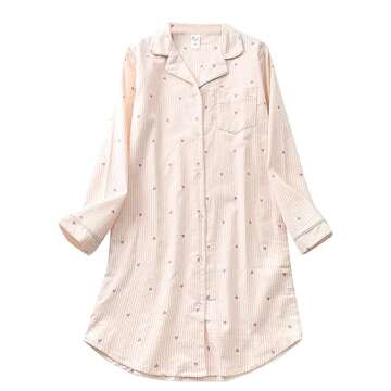 ASHER FASHION Women's Cotton Nightshirt Cute Print Plaid Nightgown Button Up Long Sleeves Sleep Shirt（Pink strip red heart L）