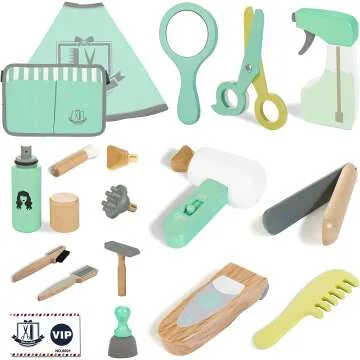 Kids Hair Salon Playset - 18 PCS Wooden Makeup Toy