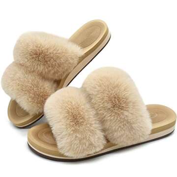 COFACE Fuzzy Slippers for Women Open Toe Orthopedic Slippers with Arch Support Fluff Fax Fur Ladies ...