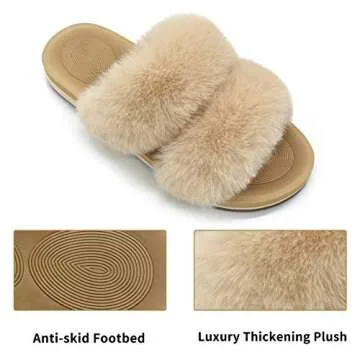 COFACE Fuzzy Slippers for Women Open Toe Orthopedic Slippers with Arch Support Fluff Fax Fur Ladies Plantar Fasciitis Slippers for Woman Indoor House Slides size 9