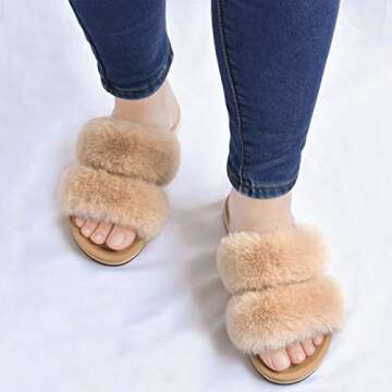 COFACE Fuzzy Slippers for Women Open Toe Orthopedic Slippers with Arch Support Fluff Fax Fur Ladies Plantar Fasciitis Slippers for Woman Indoor House Slides size 9