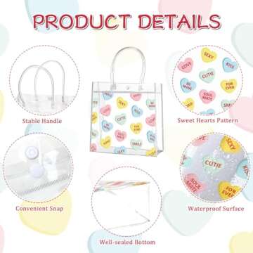 Roowest 50 Pcs Valentine's Day Heart Clear Gift Bag with Handles Conversation Hearts Favor Bulk Bag with Button for Valentine Date Wedding Party Favor Bridal Shower Retail Shopping, 8x8x3.15''