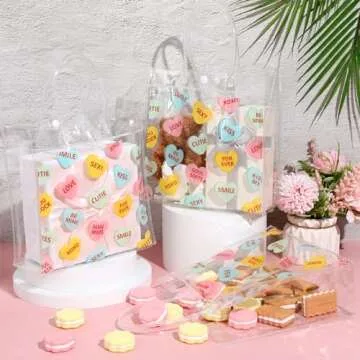 Roowest 50 Pcs Valentine's Day Heart Clear Gift Bag with Handles Conversation Hearts Favor Bulk Bag with Button for Valentine Date Wedding Party Favor Bridal Shower Retail Shopping, 8x8x3.15''