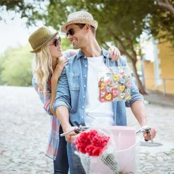 Roowest 50 Pcs Valentine's Day Heart Clear Gift Bag with Handles Conversation Hearts Favor Bulk Bag with Button for Valentine Date Wedding Party Favor Bridal Shower Retail Shopping, 8x8x3.15''