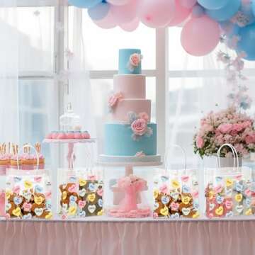 Roowest 50 Pcs Valentine's Day Heart Clear Gift Bag with Handles Conversation Hearts Favor Bulk Bag with Button for Valentine Date Wedding Party Favor Bridal Shower Retail Shopping, 8x8x3.15''