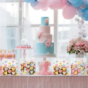 Roowest 50 Pcs Valentine's Day Heart Clear Gift Bag with Handles Conversation Hearts Favor Bulk Bag with Button for Valentine Date Wedding Party Favor Bridal Shower Retail Shopping, 8x8x3.15''