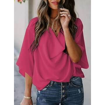 Dokotoo Short Sleeve Tops for Women Casaul Summer Wrap Draped Front Chiffon Blouses for Women Fashio...