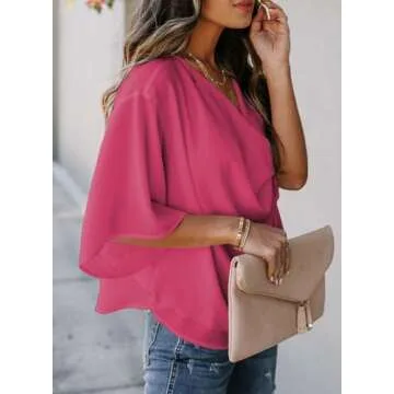 Dokotoo Short Sleeve Tops for Women Casaul Summer Wrap Draped Front Chiffon Blouses for Women Fashion 2025 V Neck Floral Print Shirts for Women Trendy Sexy Casaul,Rose,Large Size