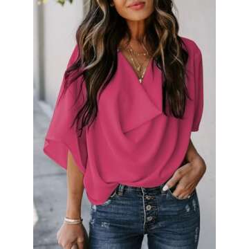 Dokotoo Short Sleeve Tops for Women Casaul Summer Wrap Draped Front Chiffon Blouses for Women Fashion 2025 V Neck Floral Print Shirts for Women Trendy Sexy Casaul,Rose,Large Size