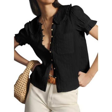 Tankaneo Womens Puff Sleeve Shirts Peter Pan Collar Button Down Cotton Blouse Casual Summer Textured...