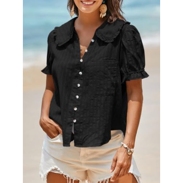 Tankaneo Womens Puff Sleeve Shirts Peter Pan Collar Button Down Cotton Blouse Casual Summer Textured Tops Black