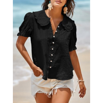Tankaneo Womens Puff Sleeve Shirts Peter Pan Collar Button Down Cotton Blouse Casual Summer Textured Tops Black