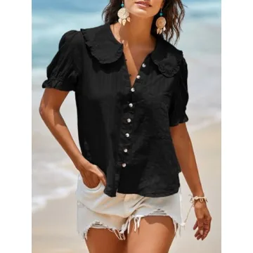 Tankaneo Womens Puff Sleeve Shirts Peter Pan Collar Button Down Cotton Blouse Casual Summer Textured Tops Black