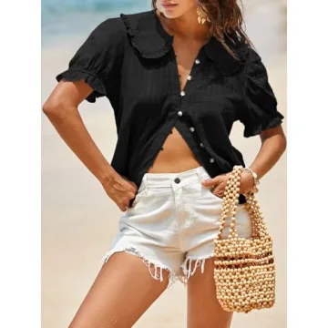 Tankaneo Womens Puff Sleeve Shirts Peter Pan Collar Button Down Cotton Blouse Casual Summer Textured Tops Black